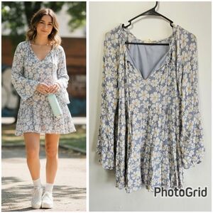 Altar'd State Blue Daisy Floral Tiered Boho Mini Dress - Small